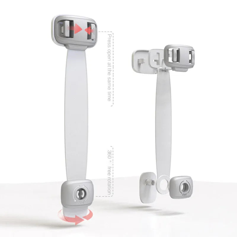 Adjustable child safety cabinet lock with strap showing grey and green colour options