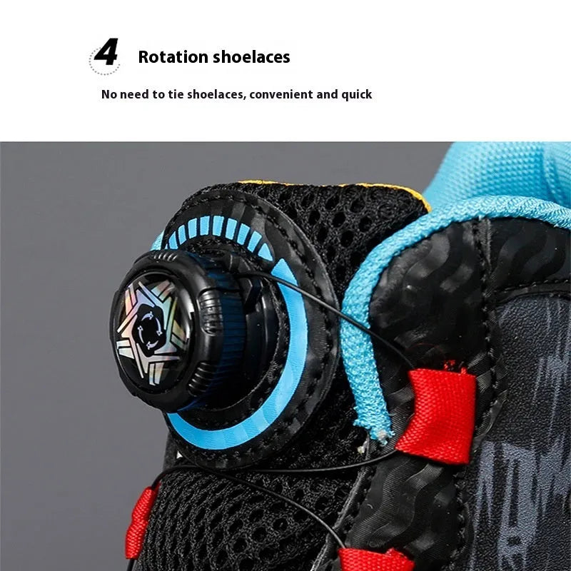 Children's rotating button basketball shoes in black synthetic leather with a white and blue accent.