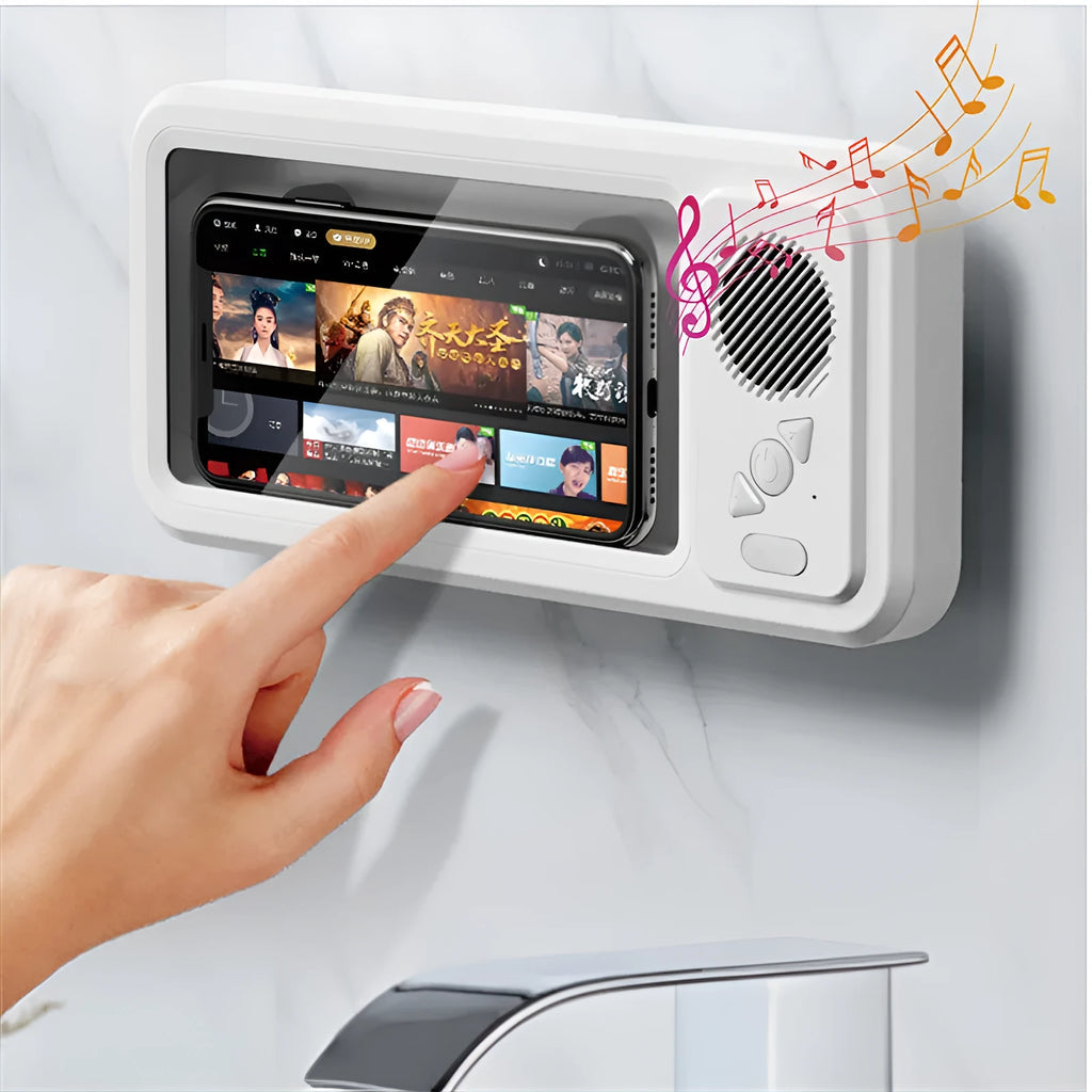White bathroom waterproof mobile phone box bracket with charging cable mounted on tiled wall