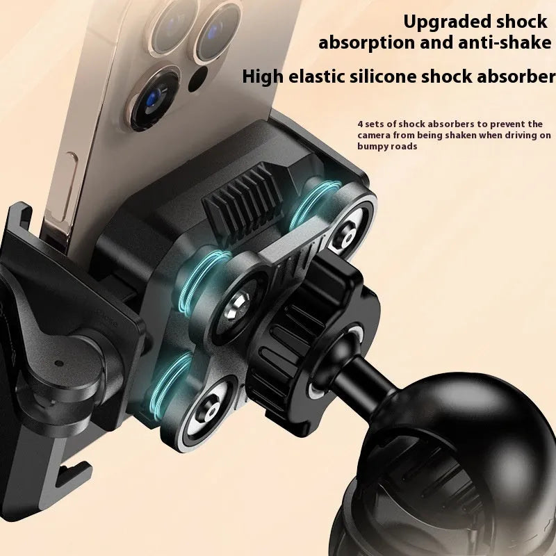 Black aluminium alloy motorcycle phone navigation bracket with shock absorber mounted on handlebars