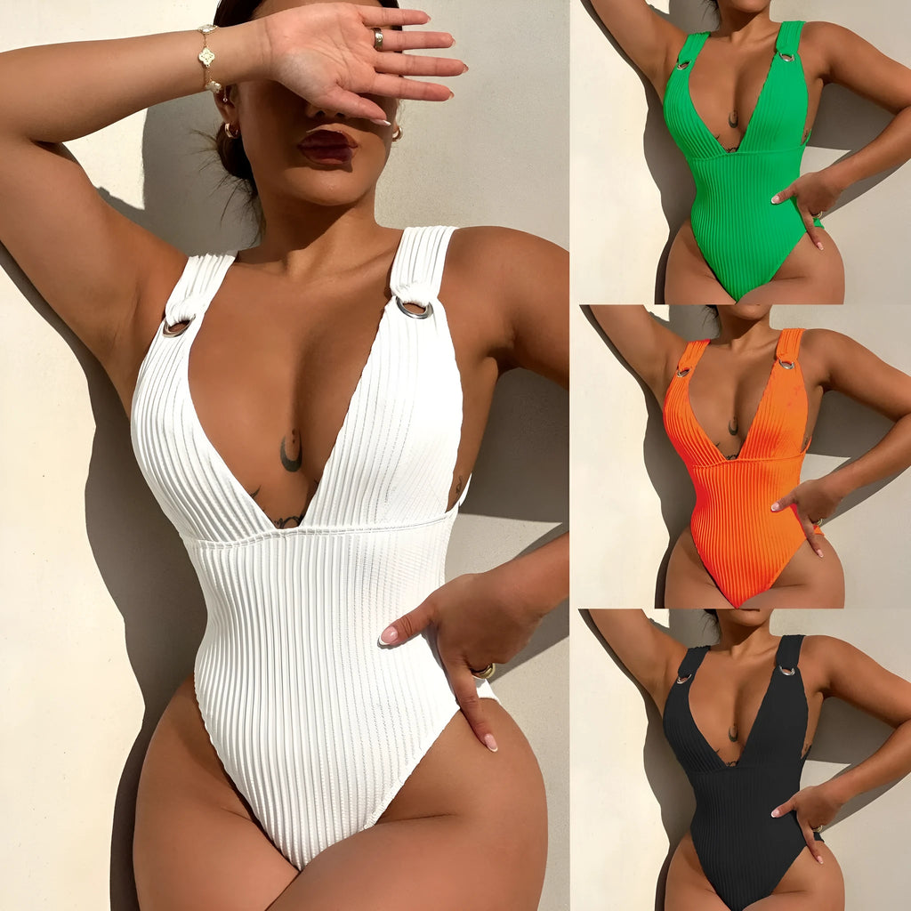 Solid colour one-piece swimsuit for women in black, white, green, or orange.