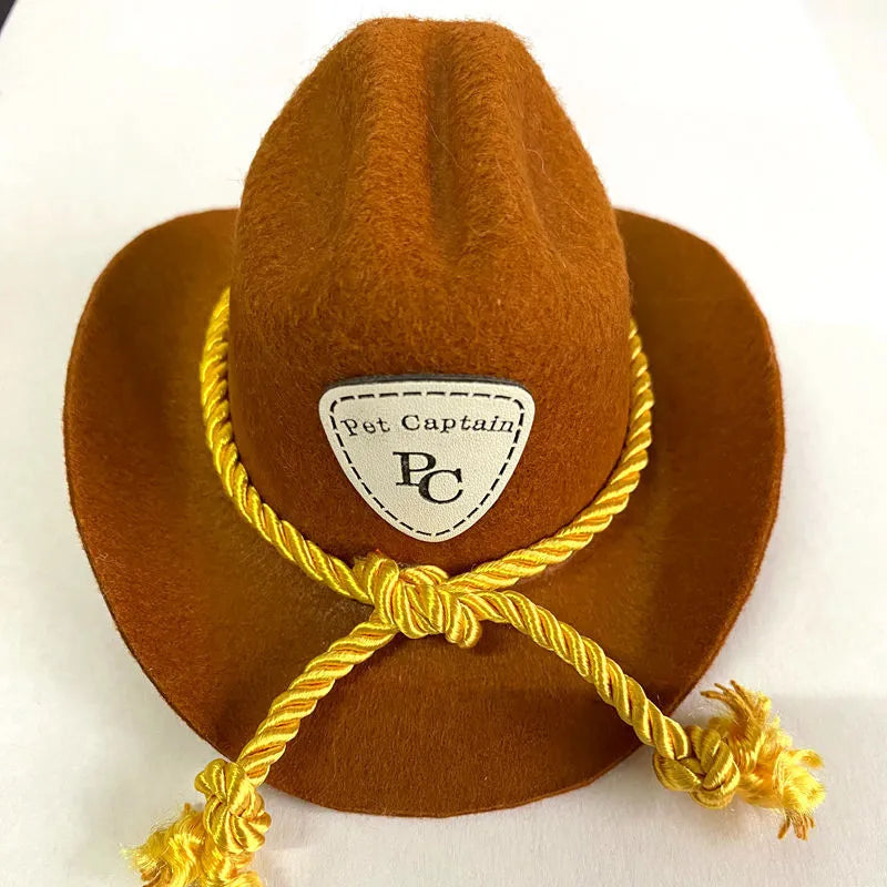 British cat cowboy hat pet costume accessory in multiple colour options with velvet belt, ribbon and rope trim decorations