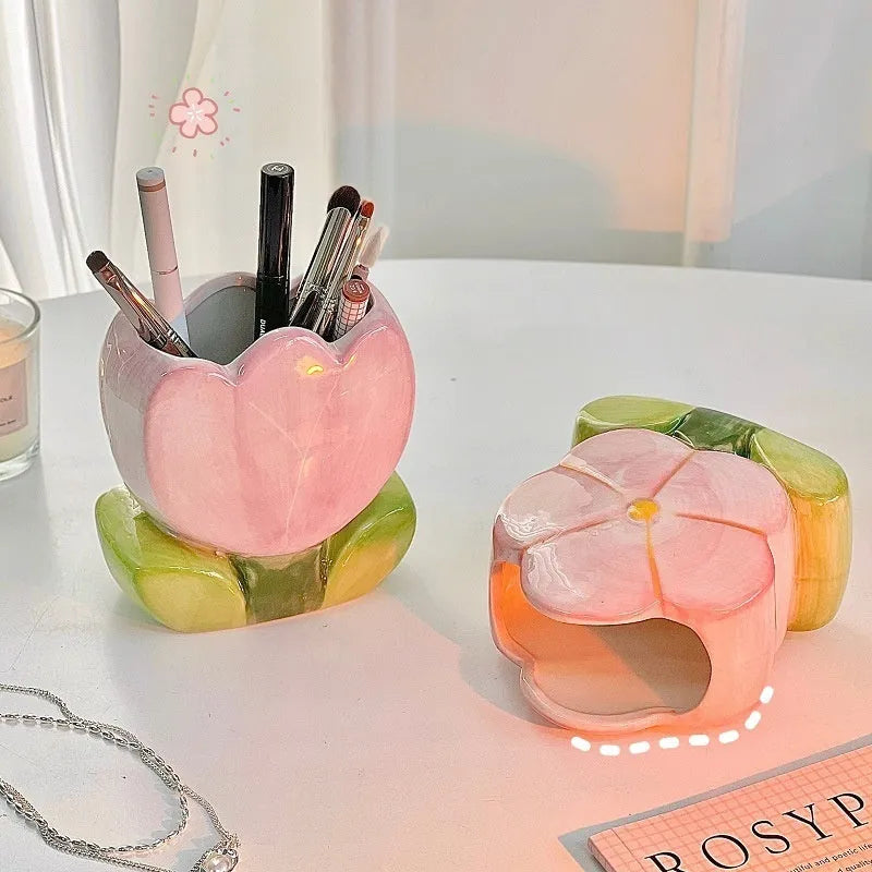 Ceramic pen holder storage box with floral decoration in five colour options