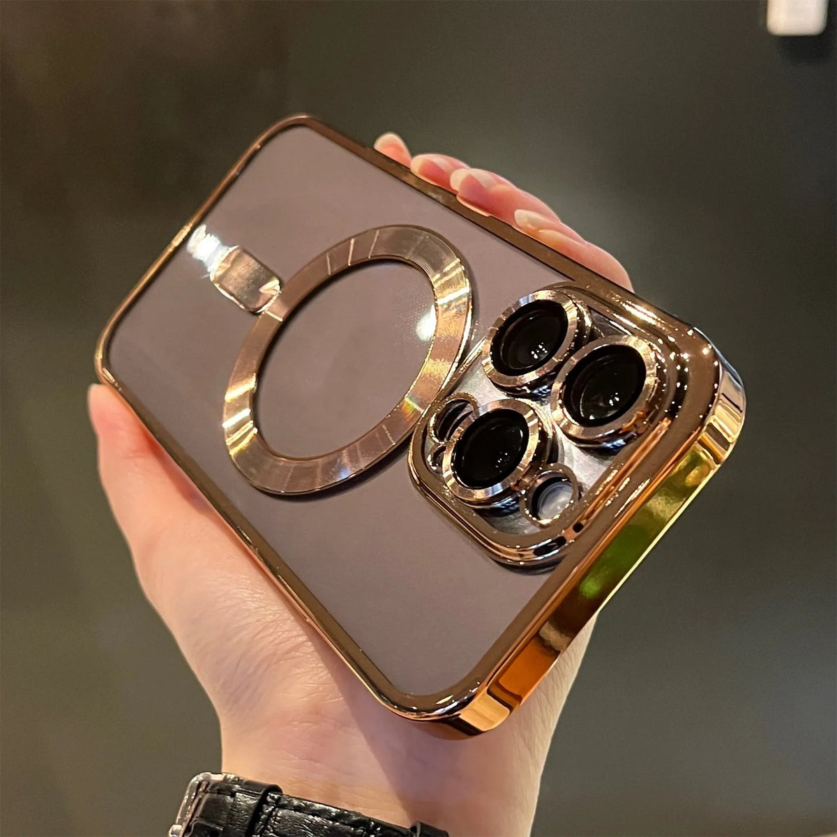 Electroplating magnetic transparent TPU phone case for iPhone in black colour on white background