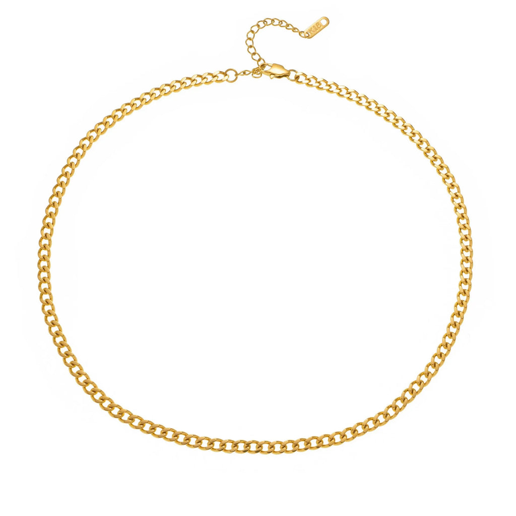 Gold electroplated titanium steel necklace showing letter A pendant on a 40.5cm blade chain
