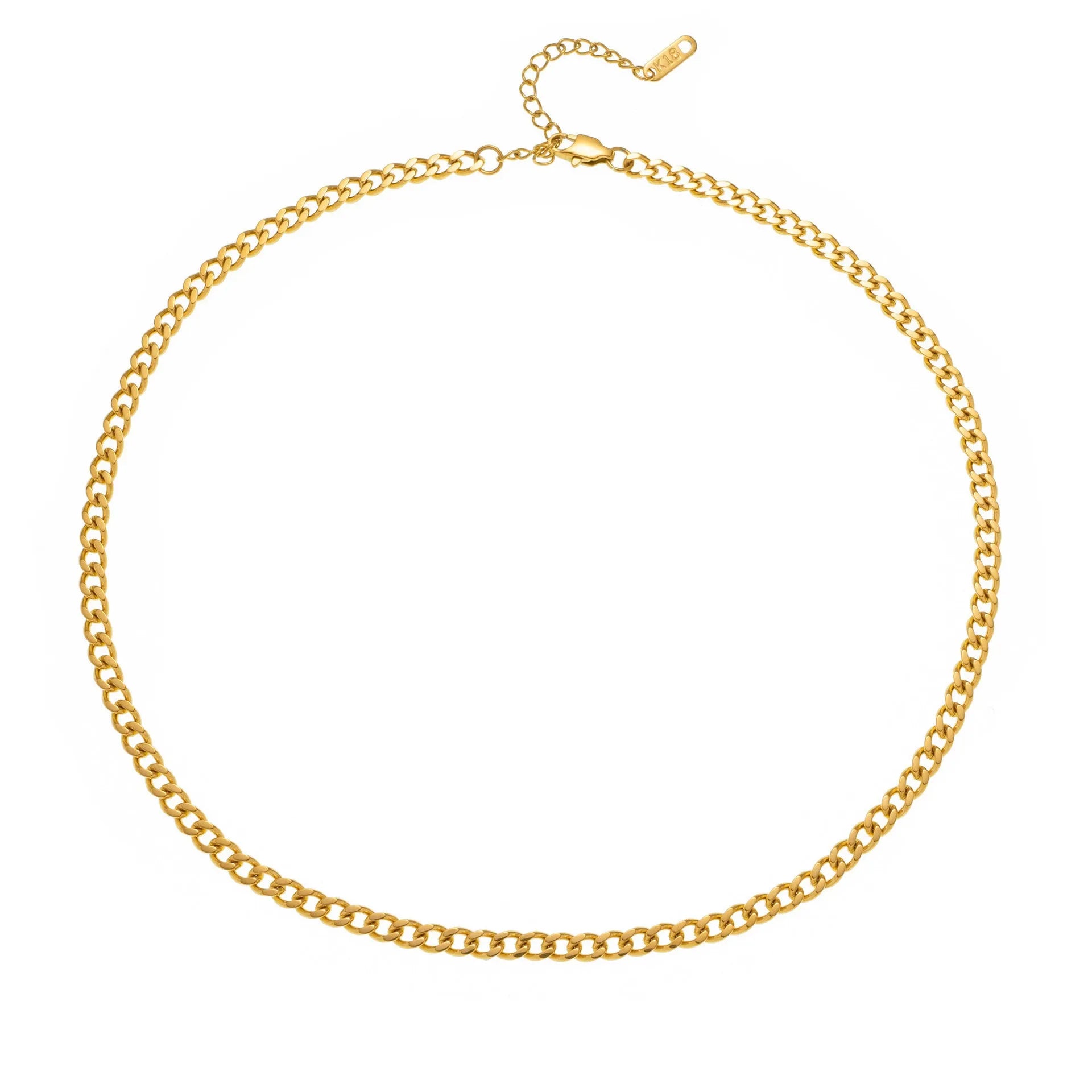 Gold electroplated titanium steel necklace showing letter A pendant on a 40.5cm blade chain
