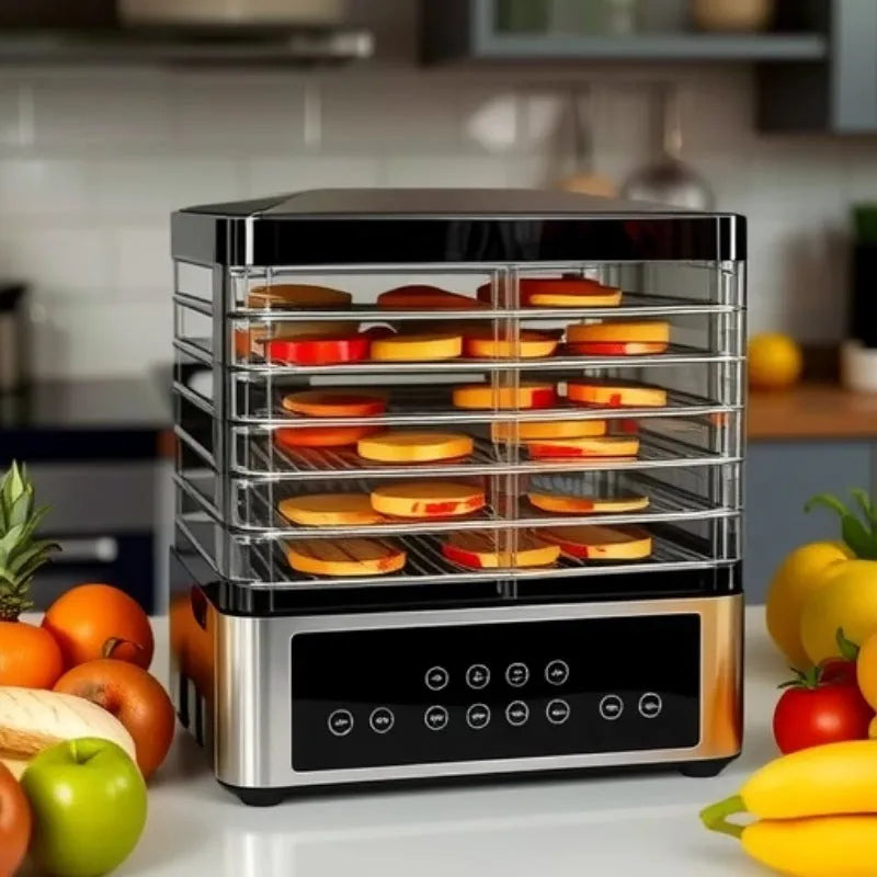 Silver stainless steel household food dehydrator with digital controls and mesh drying trays.