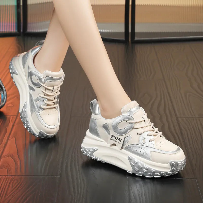 Women's black and white leather casual shoes with thick wedge sole and lace-up front.