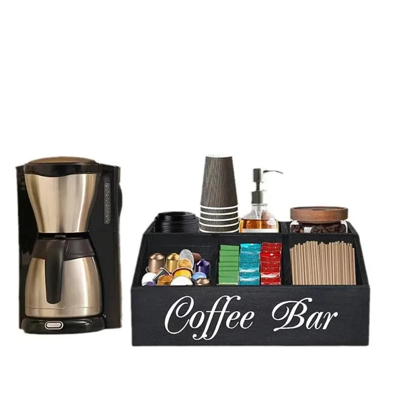 Wooden grid coffee pod storage box with compartments for remote control and stationery in black