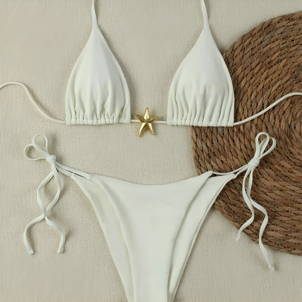 Milky white women's pure colour nylon bikini set with briefs style bottom on display