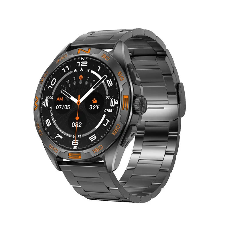 Black smart watch with touchscreen displaying health metrics, for men with WhatsApp reply and NFC.
