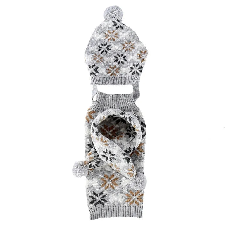 Japanese-style retro jacquard pet sweater and matching scarf hat set in pink or grey colours