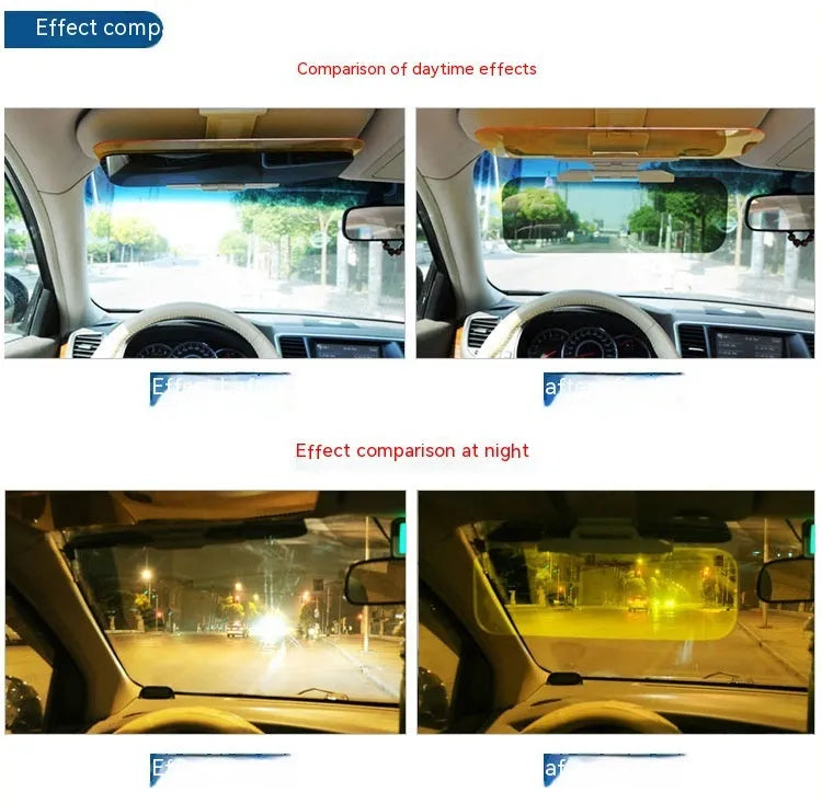 Car day and night sun goggles with reflective lenses on a sun visor, available in two sizes