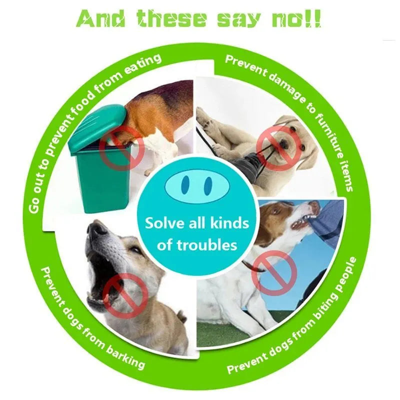 Blue and green silicone anti-bite mouth covers for dogs in two sizes on a white background.
