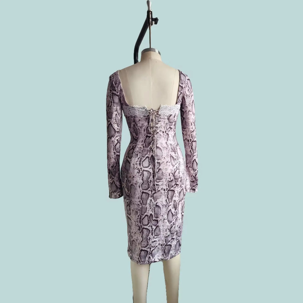 Grey digital printed lace dress with 3D effect pattern, long sleeves, and A-line silhouette