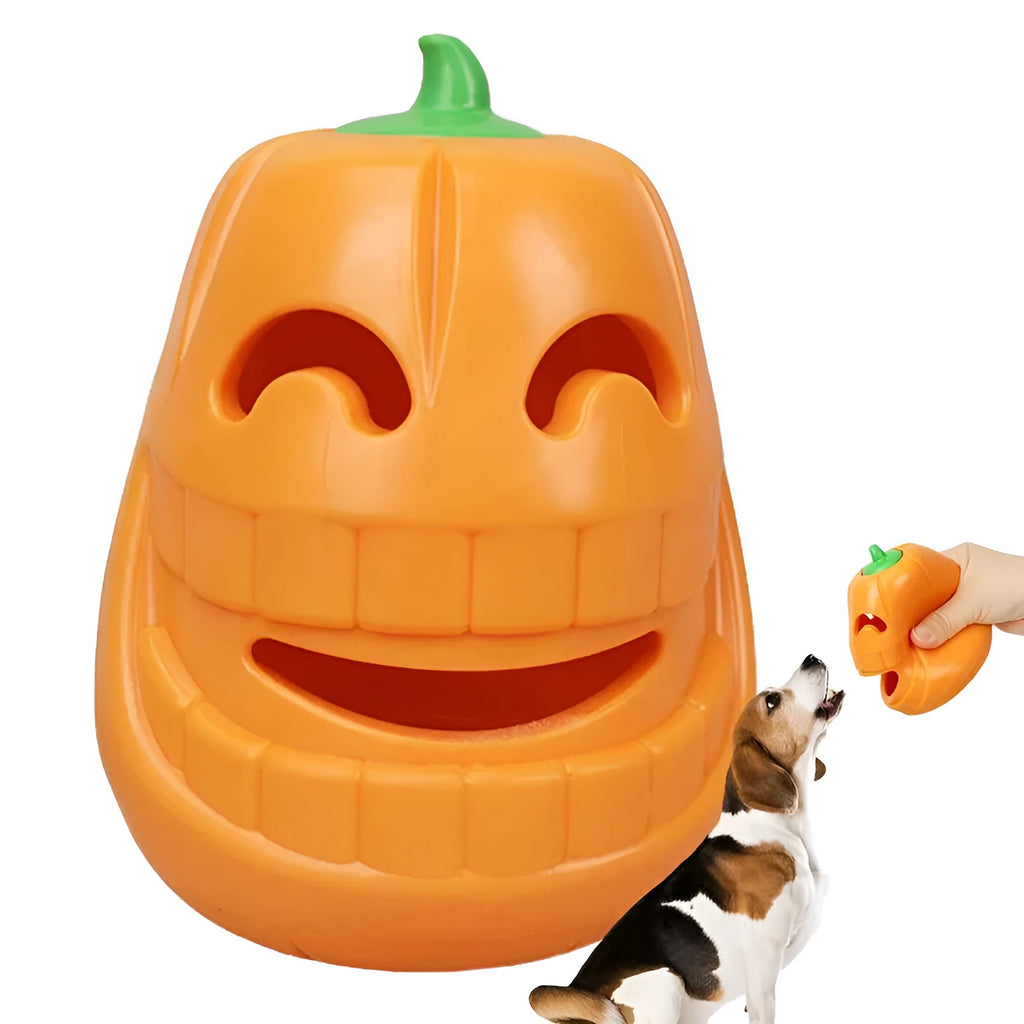 Yellow pumpkin-shaped TPR dog chew toy measuring 8.6x11.5cm