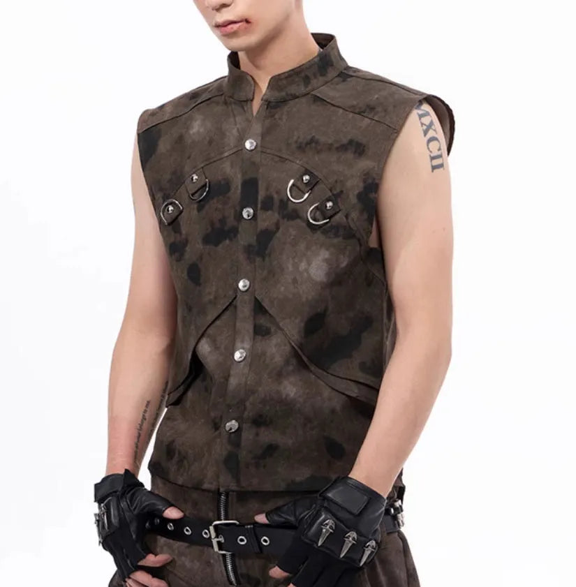 American retro camouflage pattern denim vest and trousers co-ordinated set
