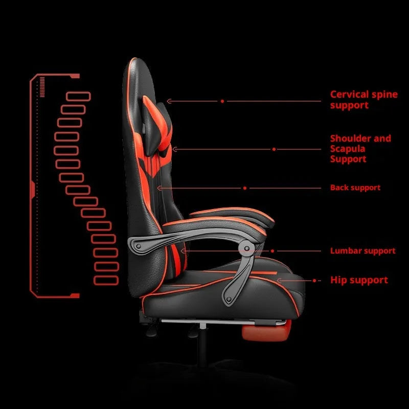 Adjustable reclining massage computer chair in leather with footrest and LED option, e-sports chair for home gaming and office