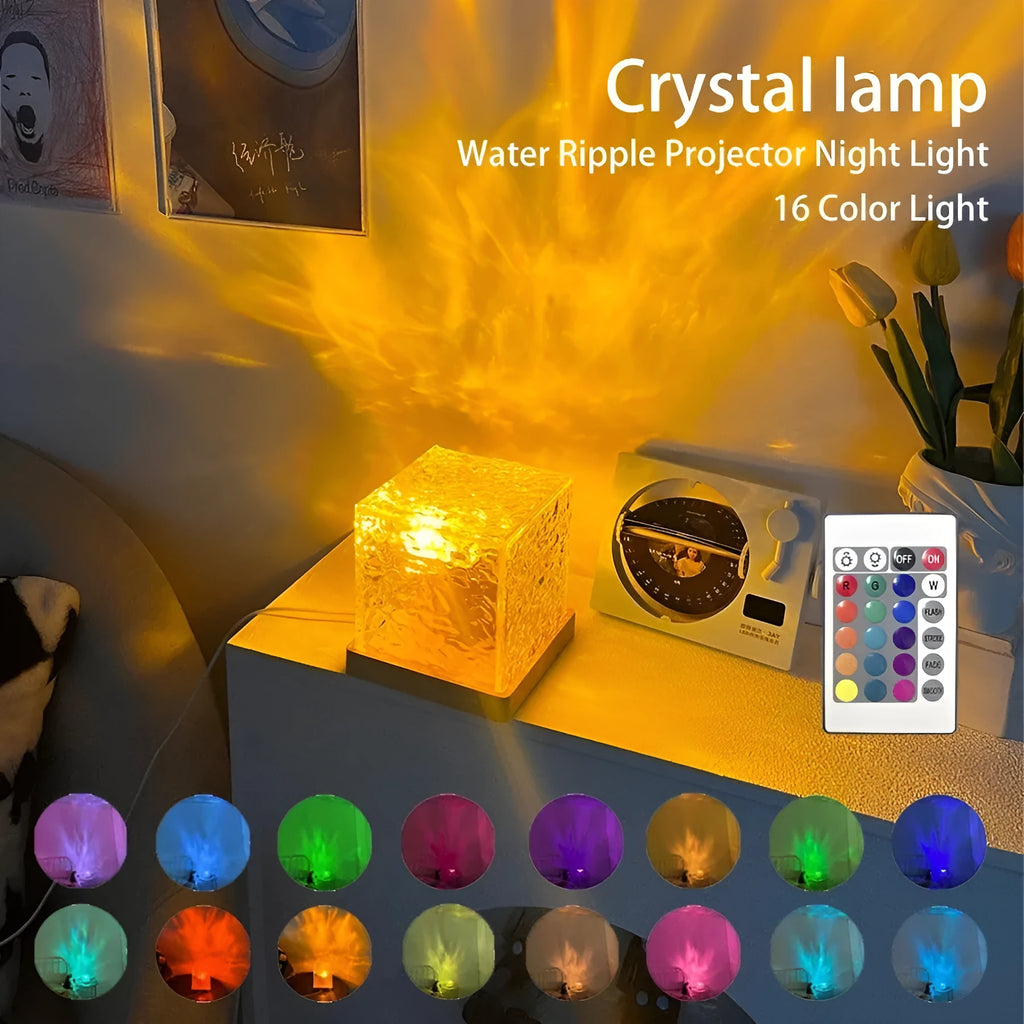 LED water ripple night light with USB cable and remote control creating rotating projection on wall