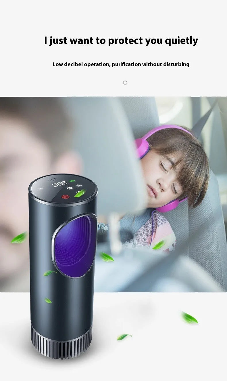 Black circular car air purifier with USB power cable for vehicle cabin air purification