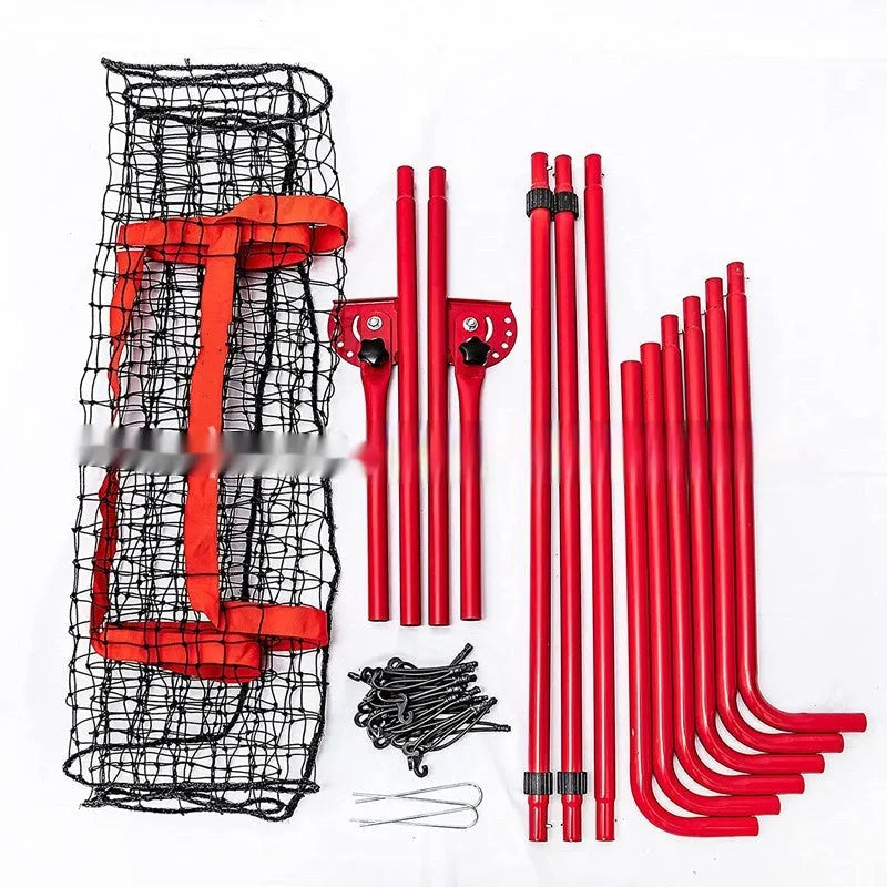 Red adjustable baseball training net with metal frame measuring 95cm wide