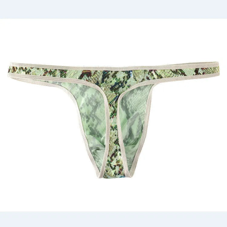 Men's green camouflage snake print thong underpants with low waist T-back design on white background