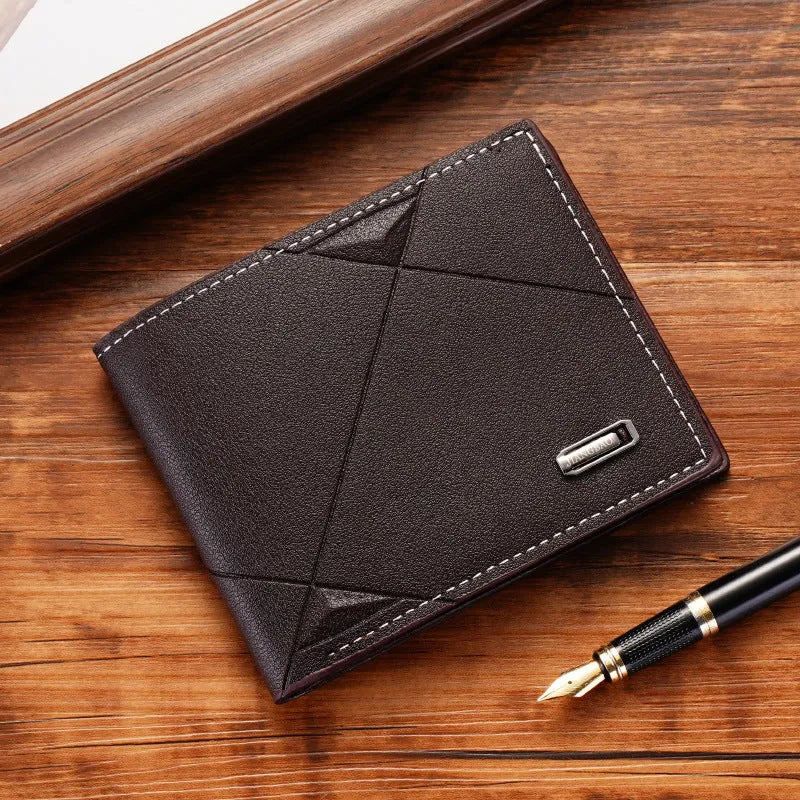 Men's thin three-fold horizontal PU leather wallet showing multiple card slots in black colour
