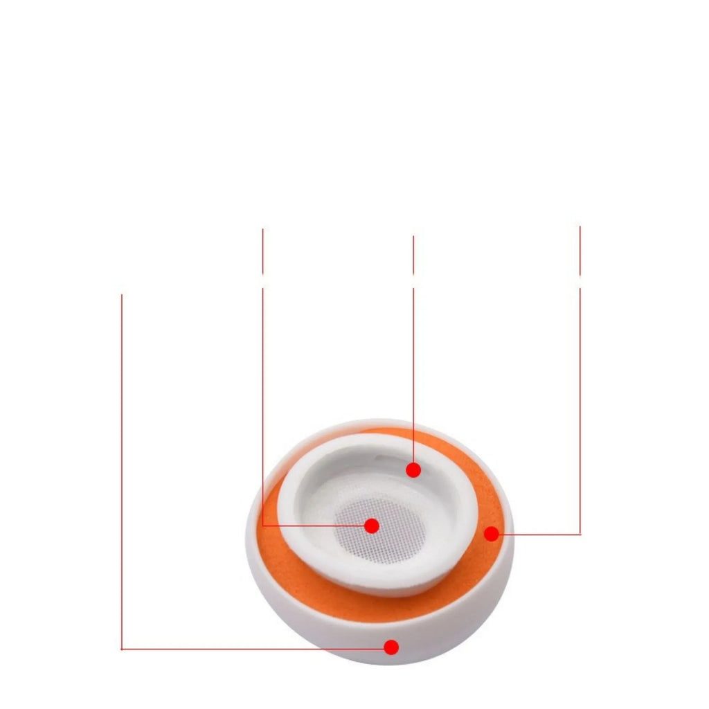 Pair of double layered noise reducing earplug sleeves in orange white for headphones, available in sizes L/M/S/XS
