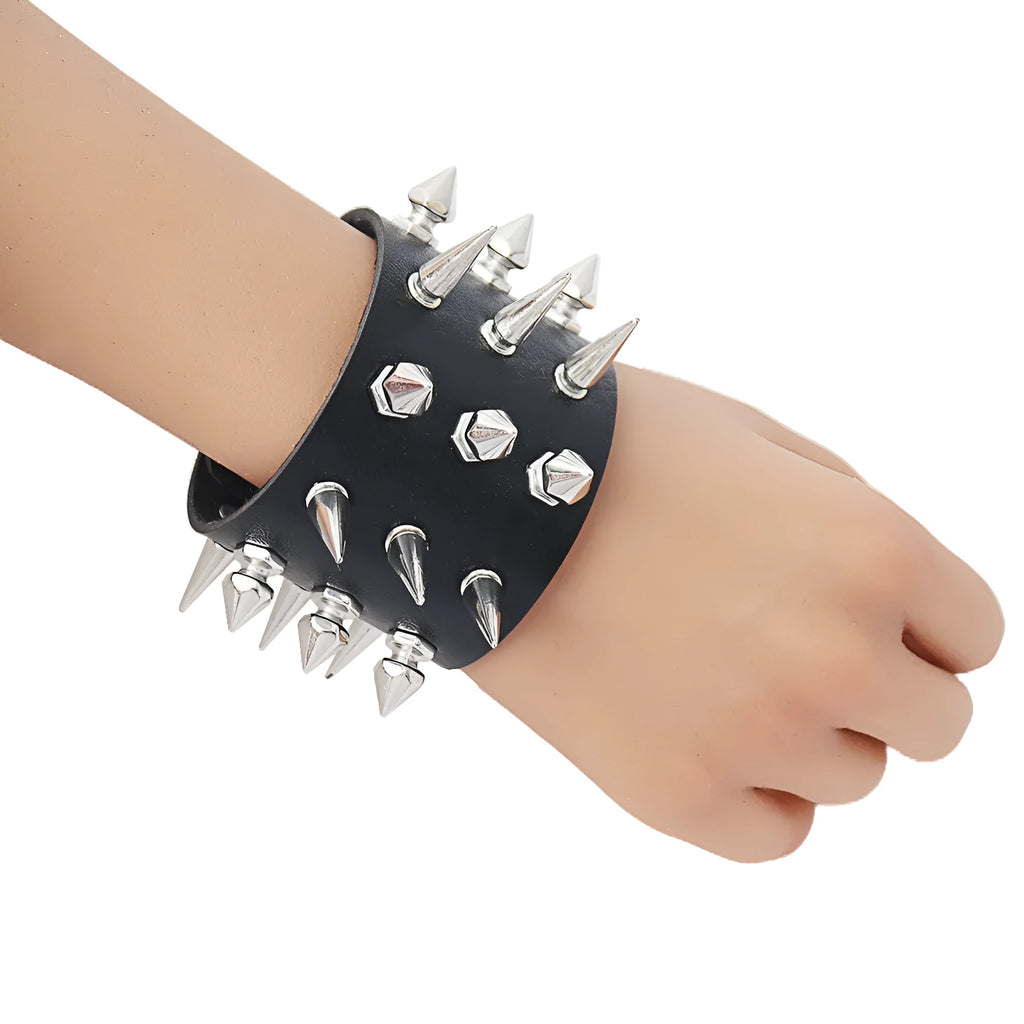 Black punk style rivet PU leather bracelet on surface, geometric tapered shape, unisex design
