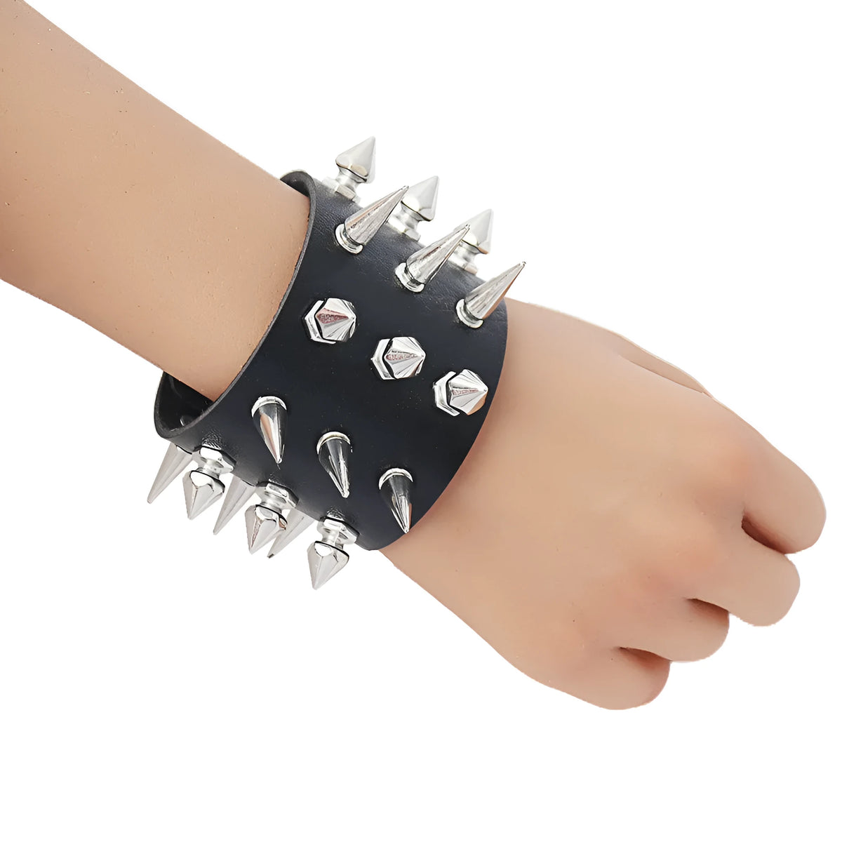 Black punk style rivet PU leather bracelet on surface, geometric tapered shape, unisex design