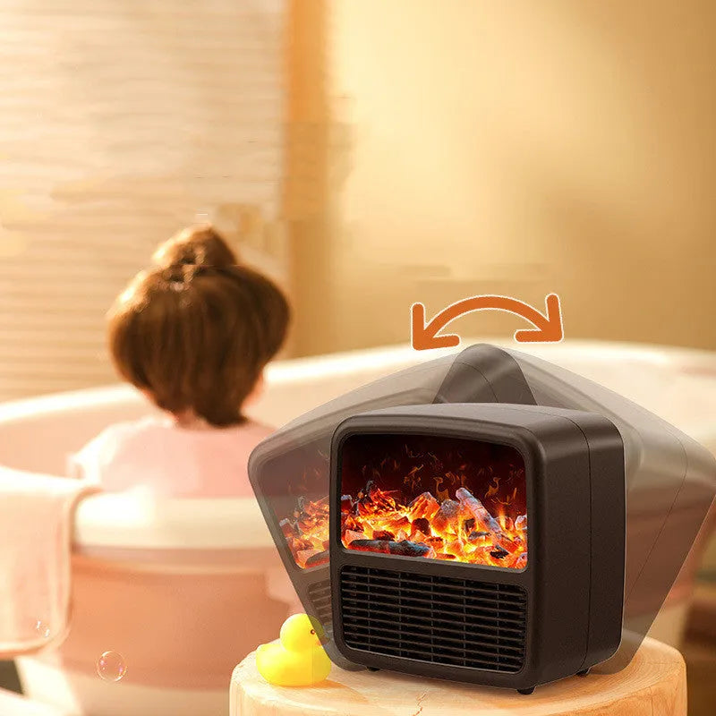 Black or white desktop electric space heater, 220x220x150mm, with ceramic heating, 1000-1500W power, and LED flame effect.