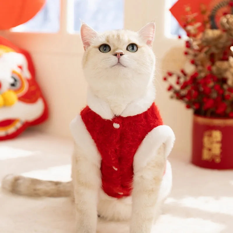 Red lion dance pet vest for cats and small dogs with 3D face, faux fur trim and leash ring.