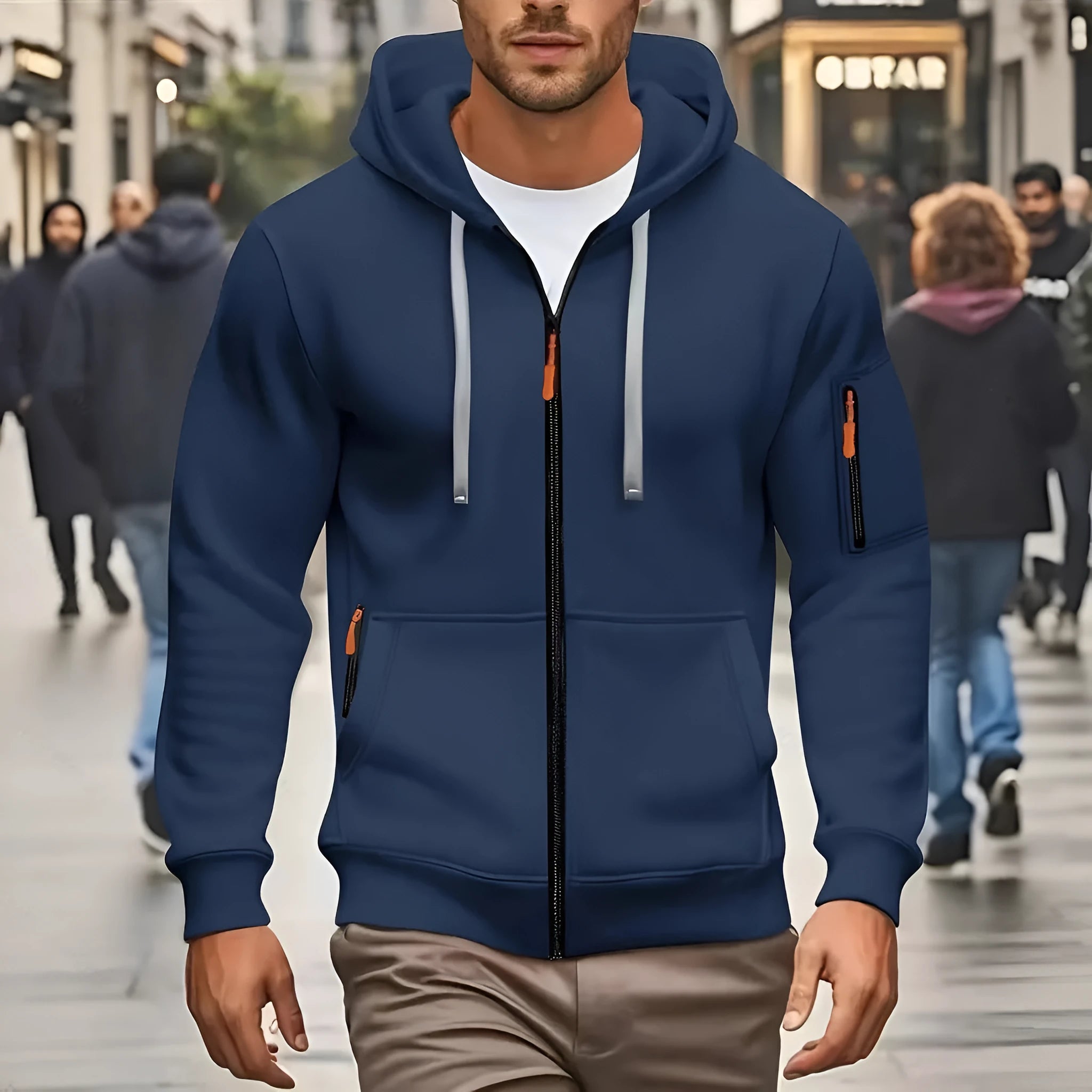 Man wearing a zip-up fleece-lined hooded sweatshirt in army green colour.