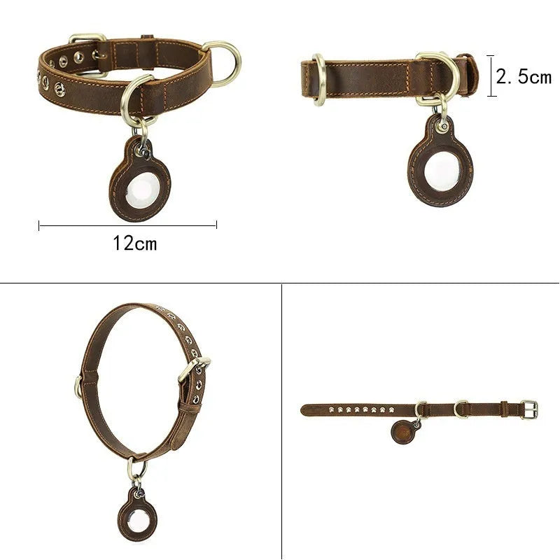 Brown handmade retro double-sided cowhide dog collar showing leather texture and halter positioning design