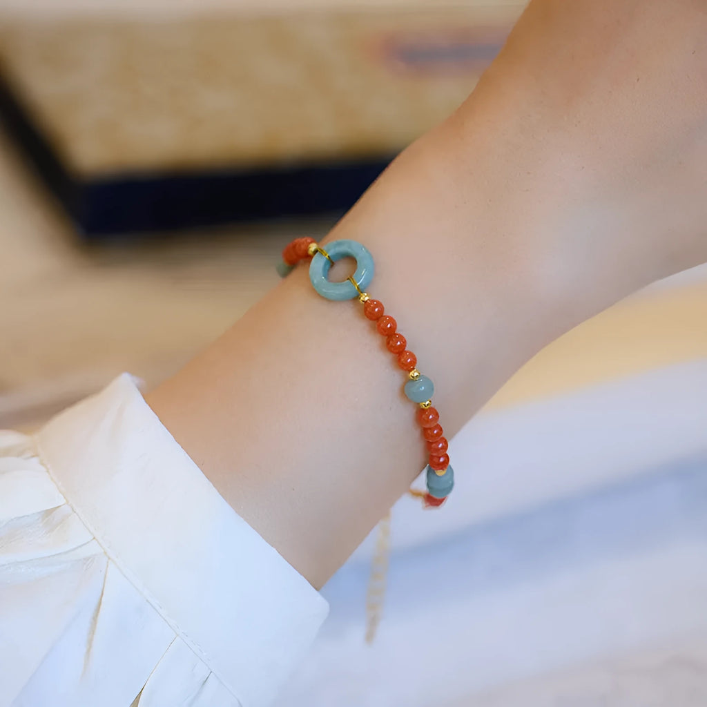Natural South Red agate adjustable bracelet with geometric beads and safety buckle
