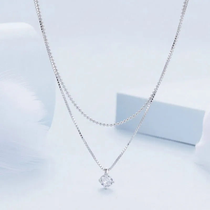 S925 sterling silver double-layer pearl chain necklace with silver pendant for women