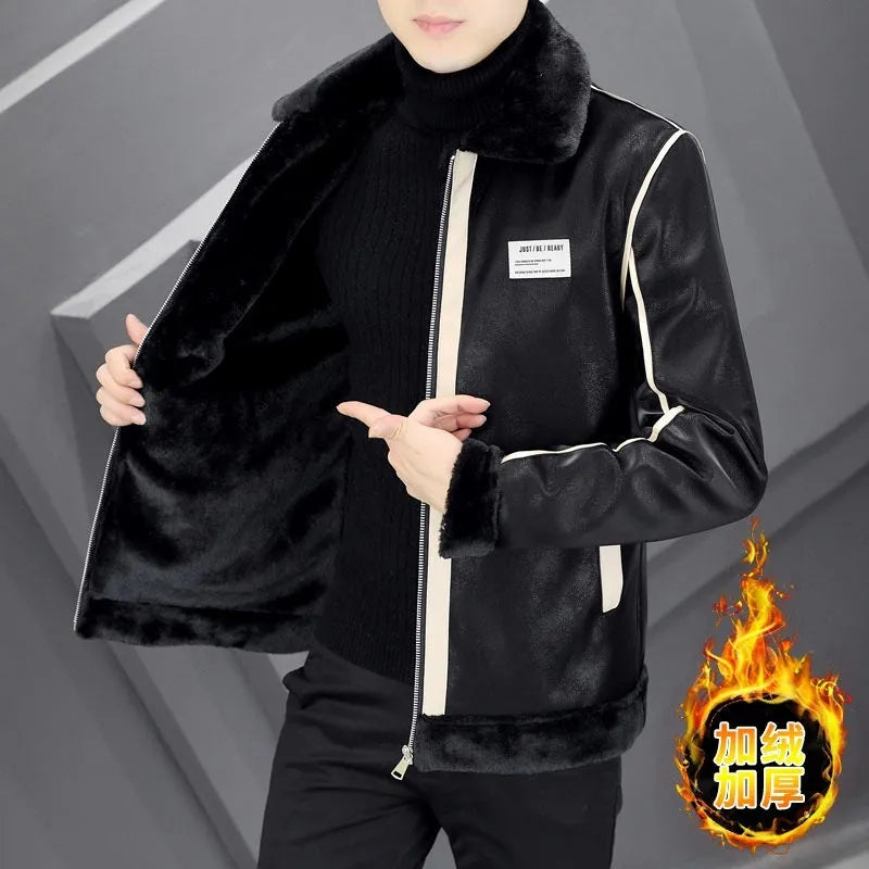 Men's corduroy coat with velvet lining and fur trim, available in black, gray, dark brown and milky white, Asian sizes 165-185