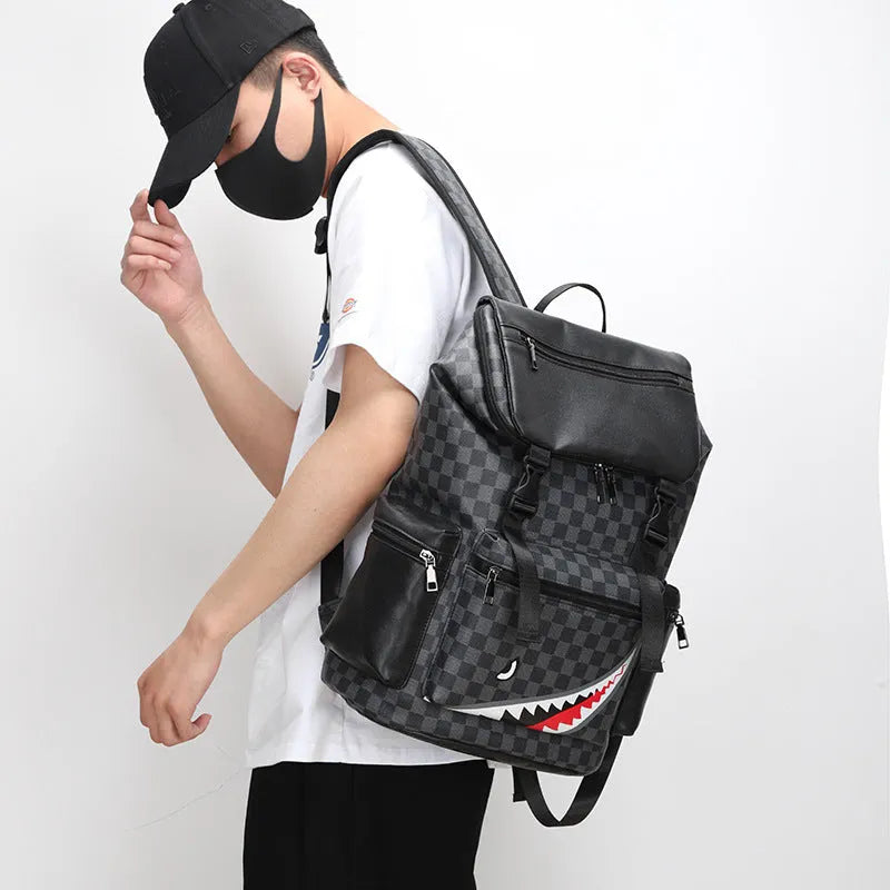 Korean casual checkered printed large backpack made from PU leather with curved shoulder straps.