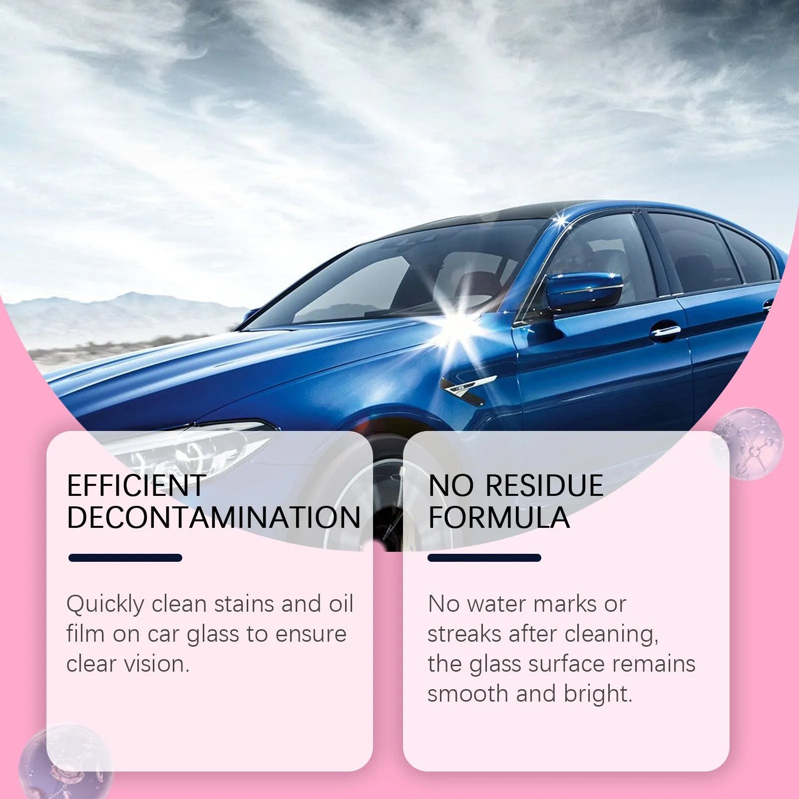 Car glass cleaner 120ml bottle with surfactant, penetrant, and preservative ingredients, 4.3x19.8cm size for auto glass
