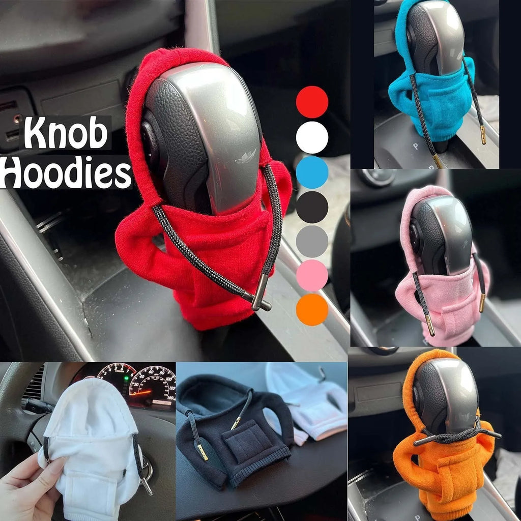 Knitted pure cotton gear lever decoration cover in assorted colours on a car gearstick.