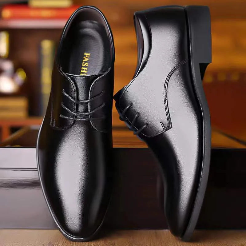 Men's black PU leather shoes with pointed toe and sequins on rubber sole, business style
