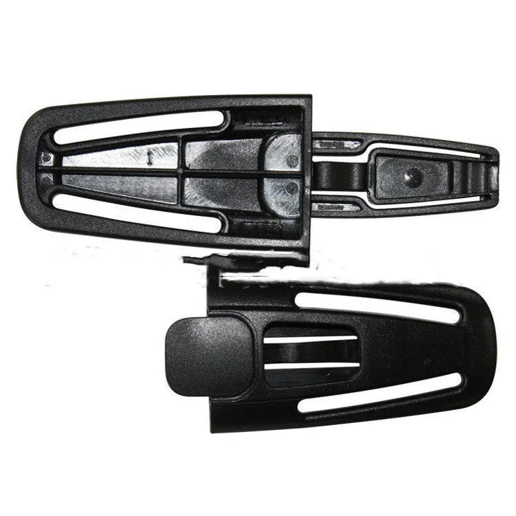 Black nylon seat belt buckle clip for child car seat 5-point harness, dimensions 14.5cm by 4cm