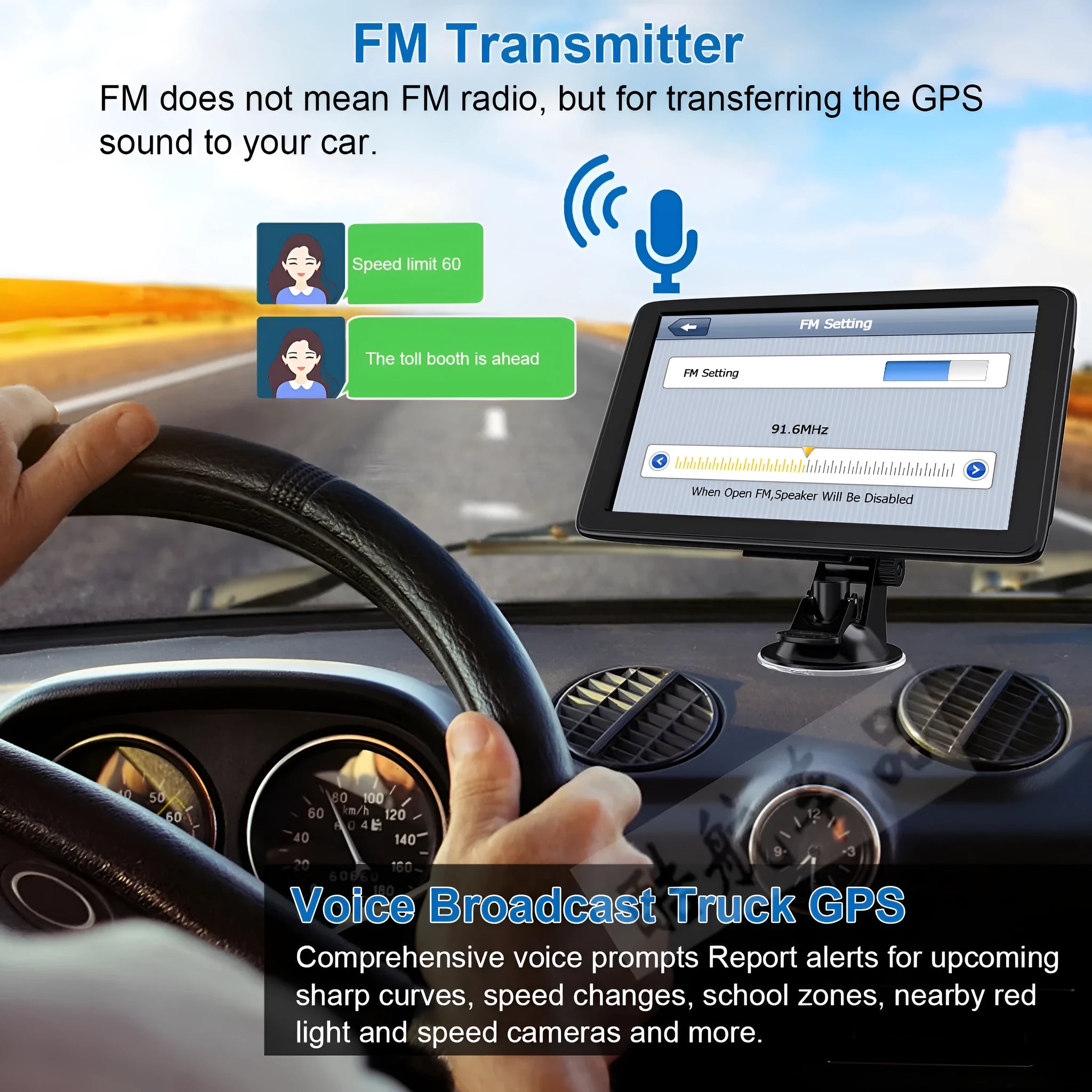7-inch car GPS navigation device with touch screen showing map, includes bracket and car charger