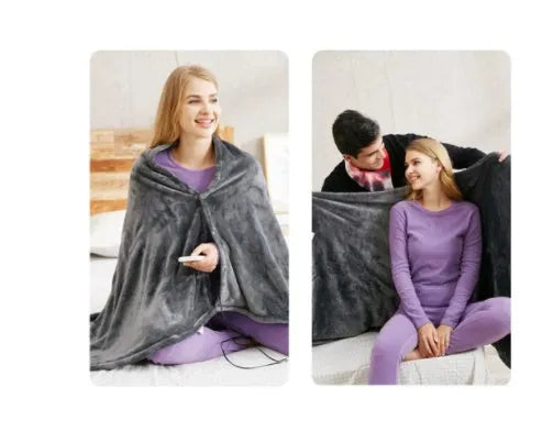 Dark grey USB electric heated plush blanket showing plug and control button.