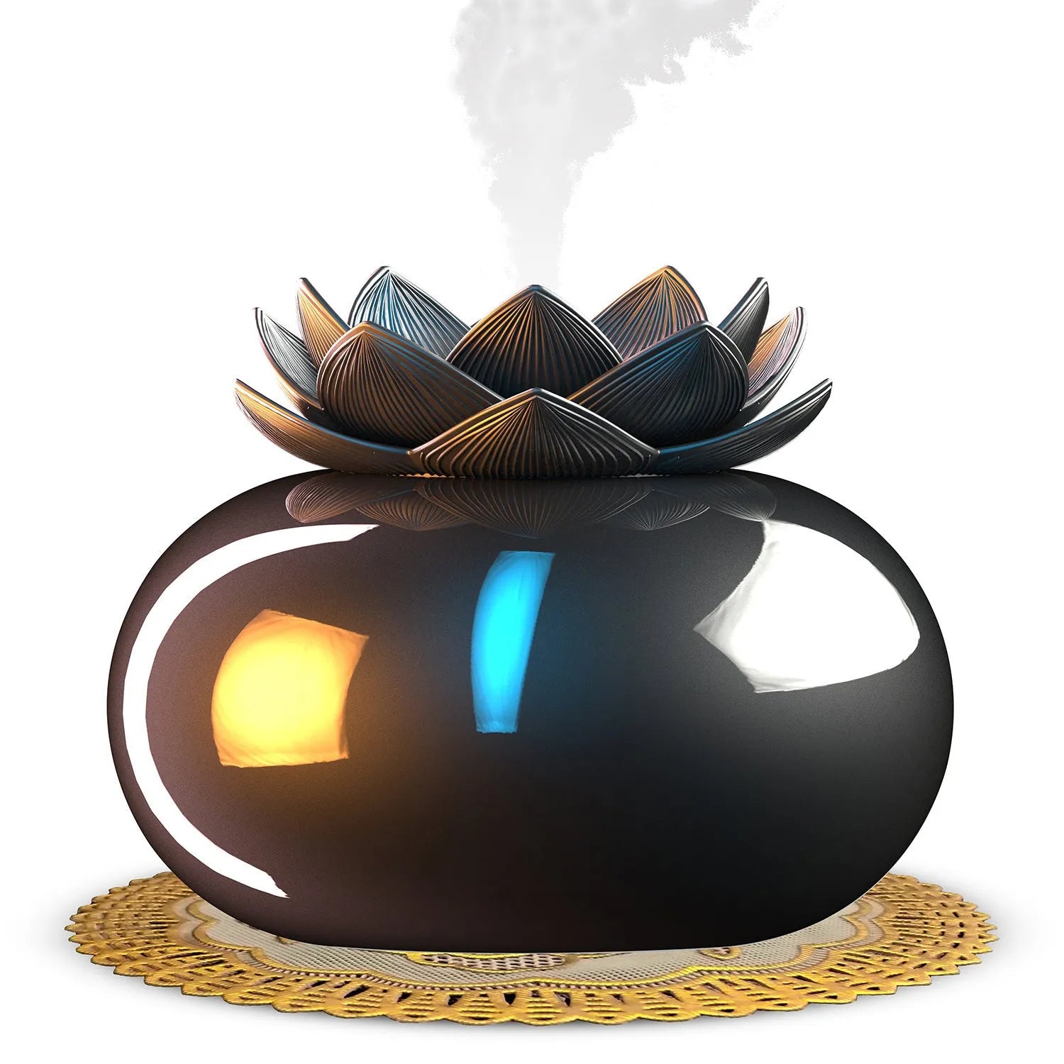 Pure black lotus shaped ultrasonic humidifier with USB connection and ceramic plastic construction