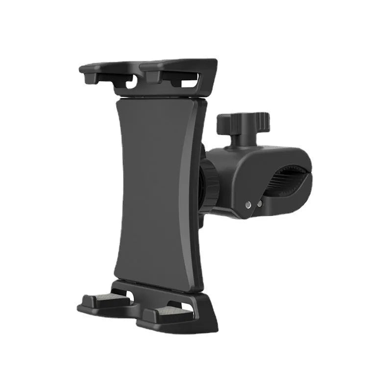 Black bicycle handlebar mobile phone mounting bracket with adjustable clamp for cycling and live streaming