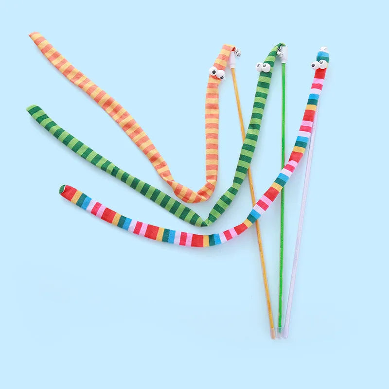 Cat wand toy with polycarbonate handle and long plush strip in vibrant colours, shown with bell attachment.