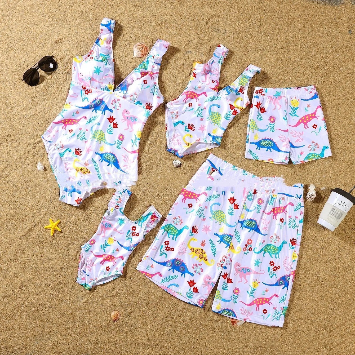 Parent-child quick dry swimsuit set in green, pink, red with polyester acetate blend fabric
