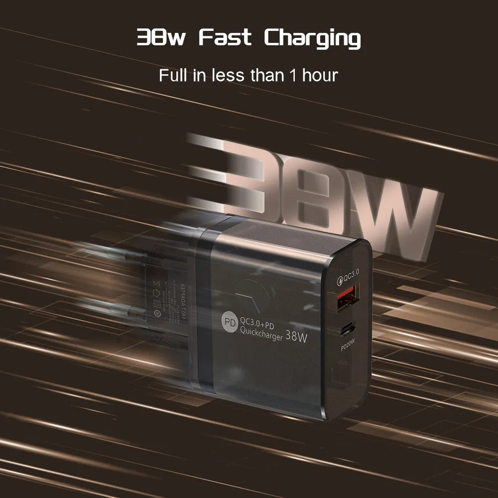 38W transparent plastic case Type-C charging adapter with EU round plug feet