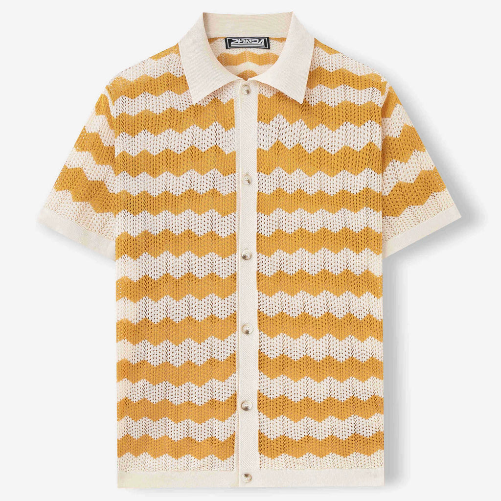 Yellow, blue, and brown short-sleeved sweater with a hollow jacquard corrugated texture.